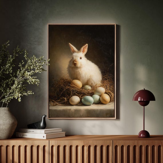 White Rabbit Canvas Wall Art With Easter Eggs Vintage Oil Painting Style Bunny Nest Scene Rustic Farmhouse Spring Holiday Home Dcor