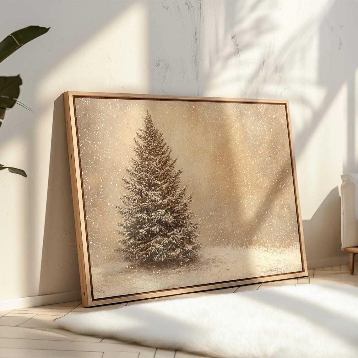 Lone Snowy Evergreen Tree In Snowstorm Sepia Minimal Winter Poster - Image 4