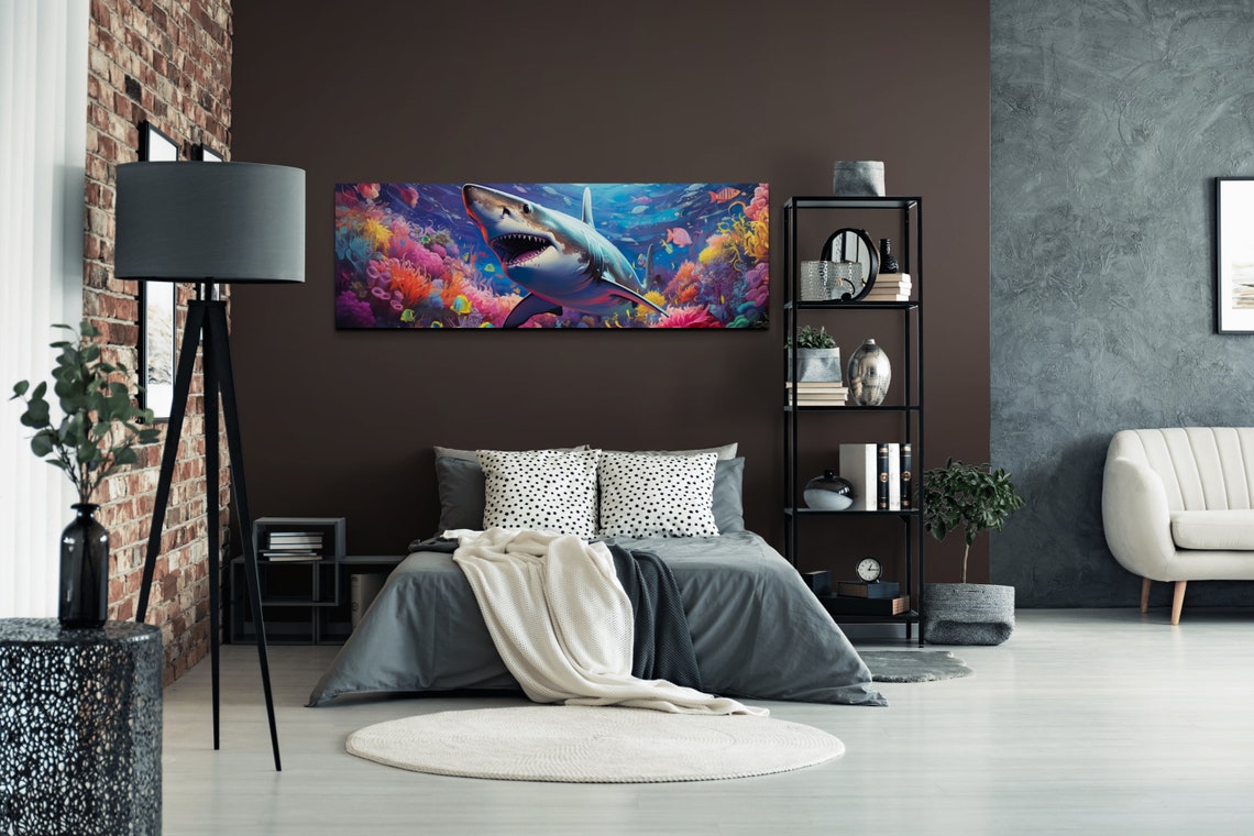 Great White Shark Coral Reef Vibrant Ocean Wildlife Art Poster - Image 4