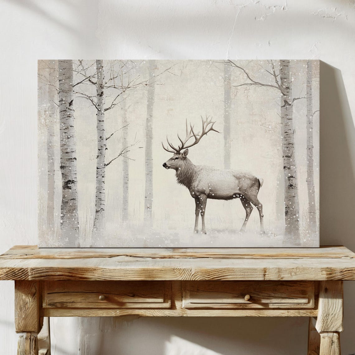 Winter Stag With Large Antlers In Snowy Birch Forest Pale Poster - Image 3