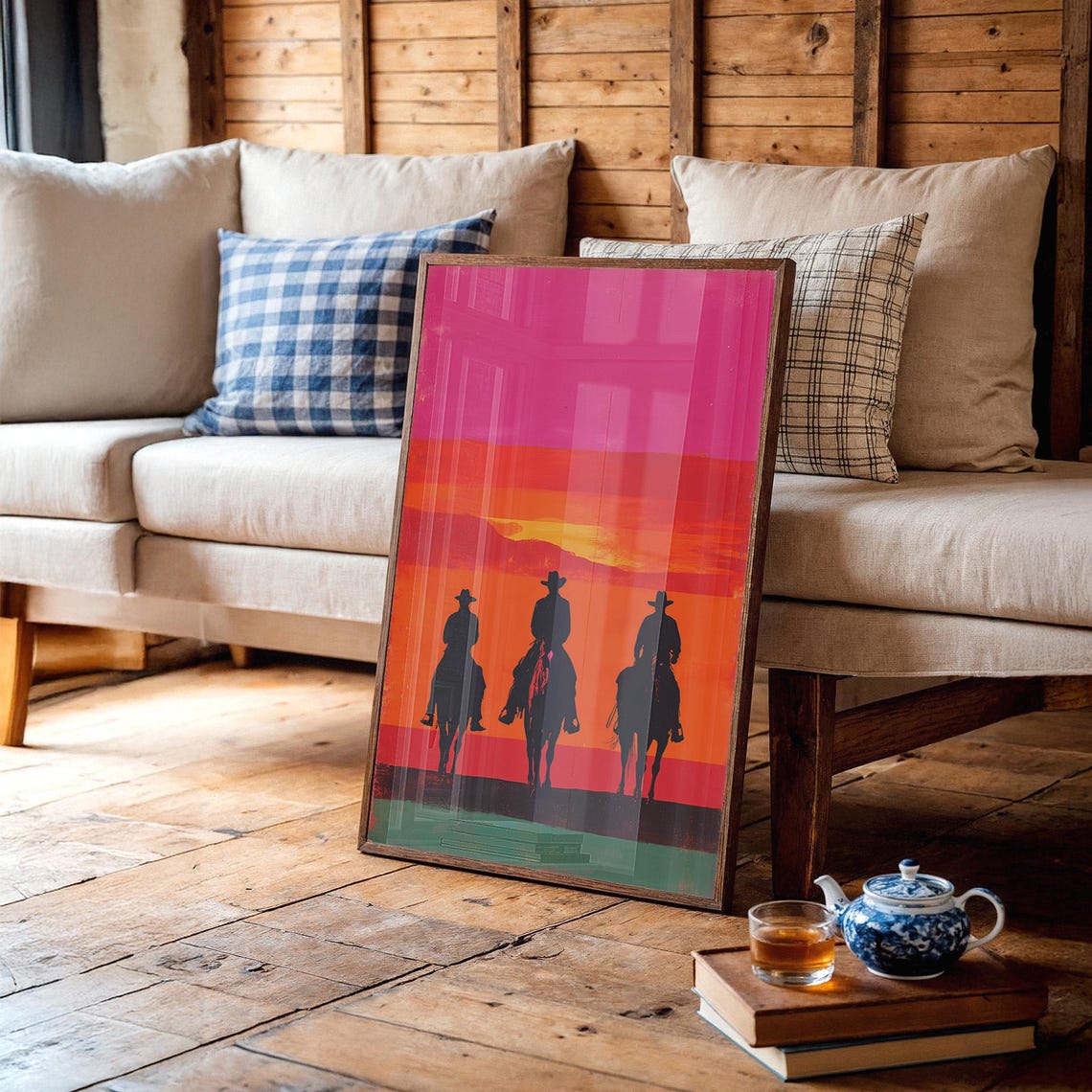 Three Cowboys Ride Into Vibrant Desert Sunset Western Poster