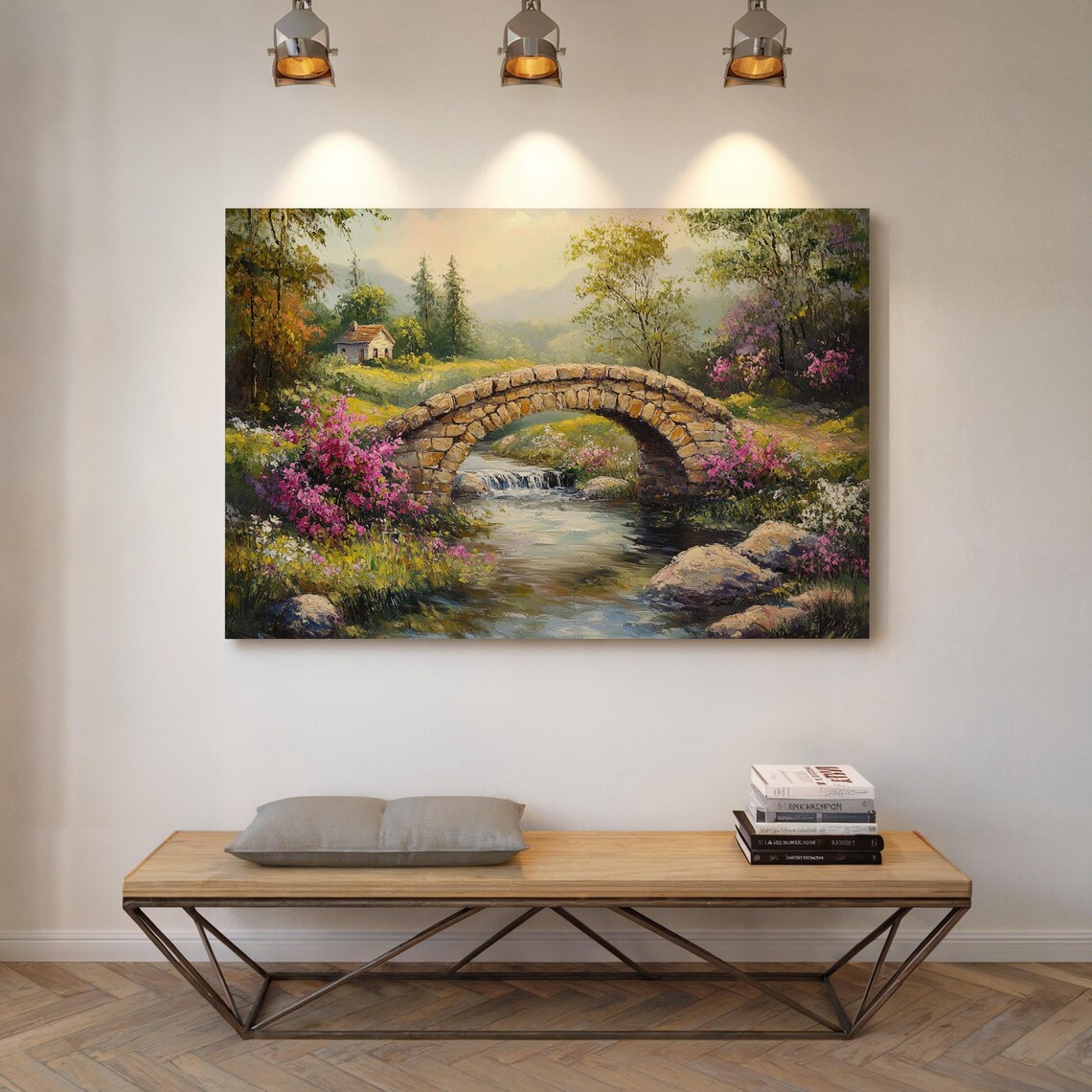 Rustic Stone Bridge Over Serene Stream, Vintage Landscape - Image 5