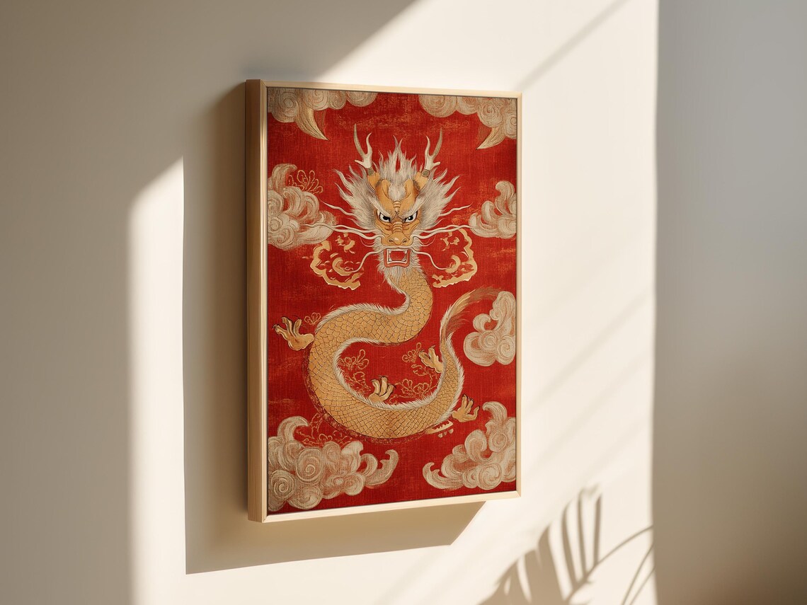 Golden Chinese Dragon On Red Silk With Traditional Cloud Motifs Wall Art - Image 6