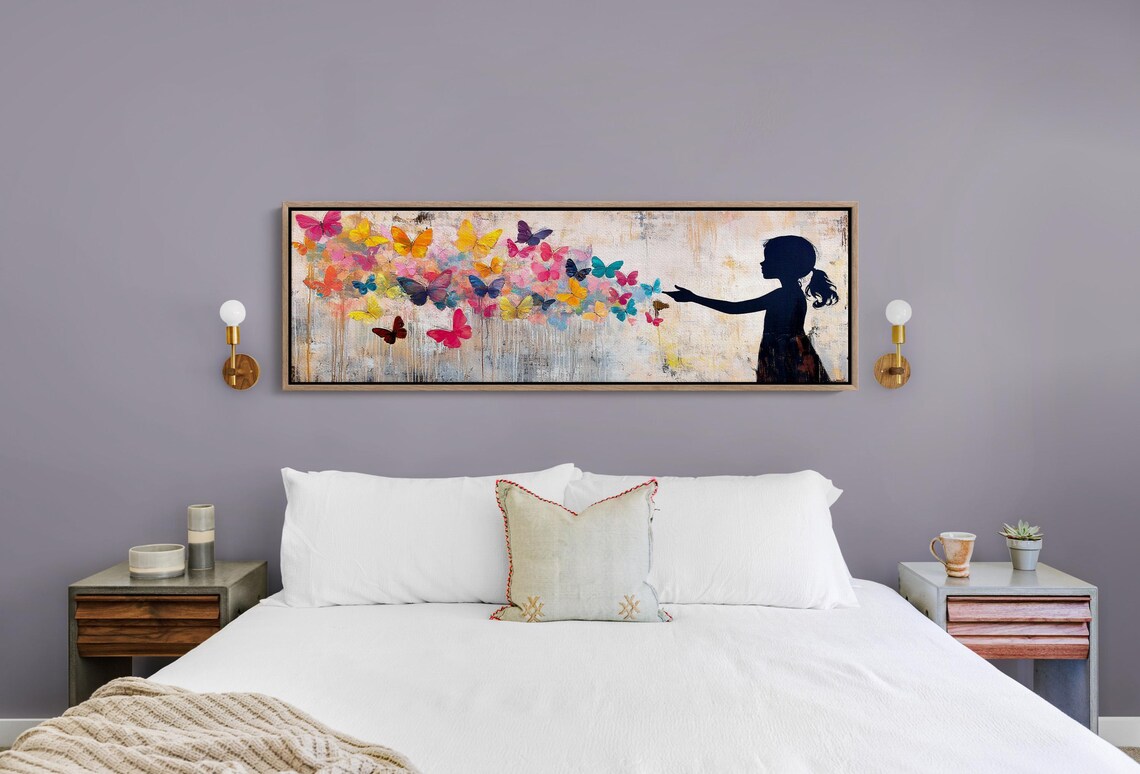 Girl Silhouette Releasing Colorful Butterflies Whimsical Art Poster