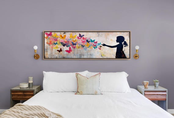 Whimsical Girl Butterflies Wall Art Colorful Abstract Painting Modern Silhouette Artwork For Living Room Or Nursery