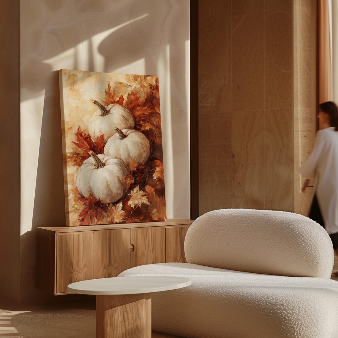 White Pumpkins With Autumn Leaves Warm Fall Still Life Poster - Image 7