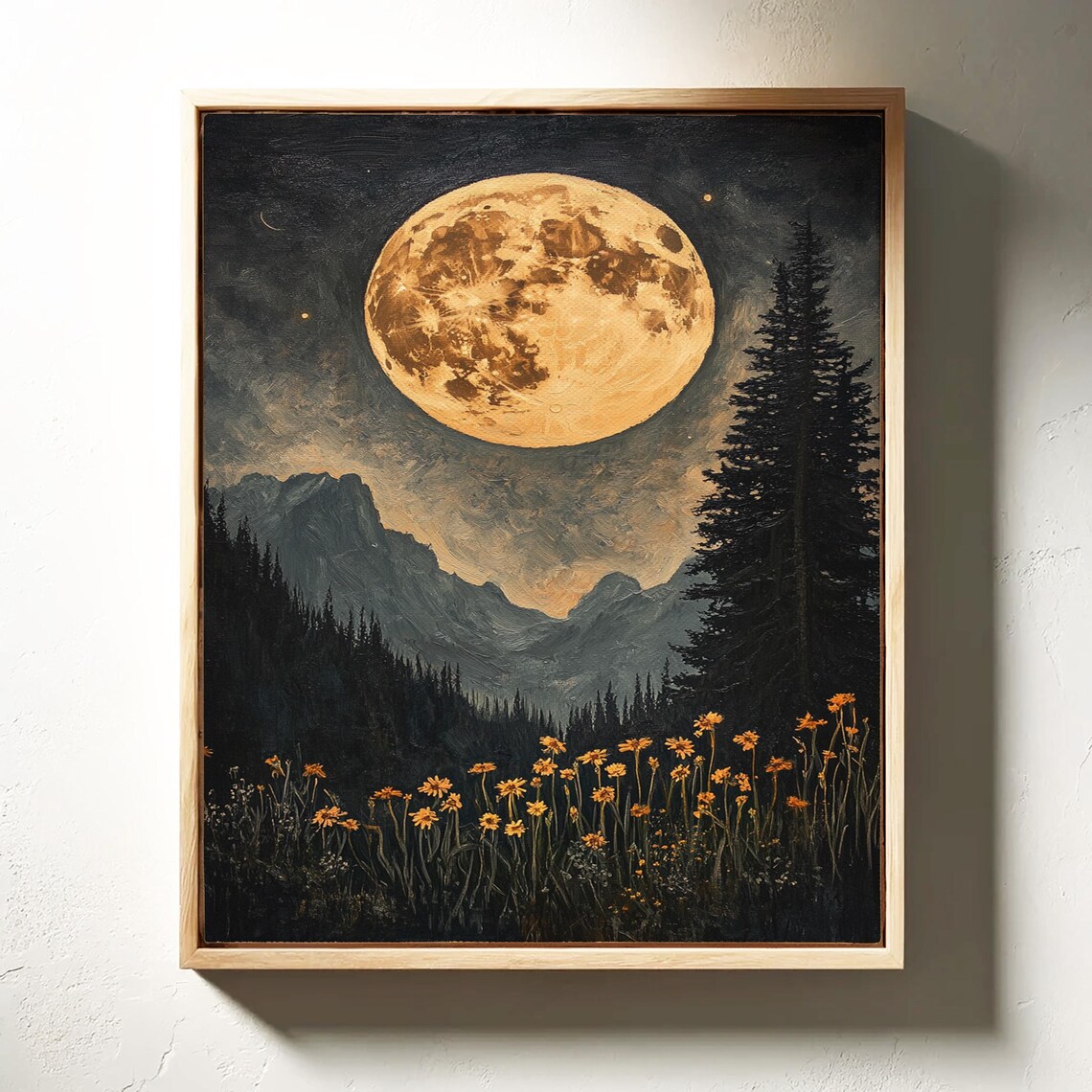 Moonlit Mountain Art Print, Forest Night Sky Scene