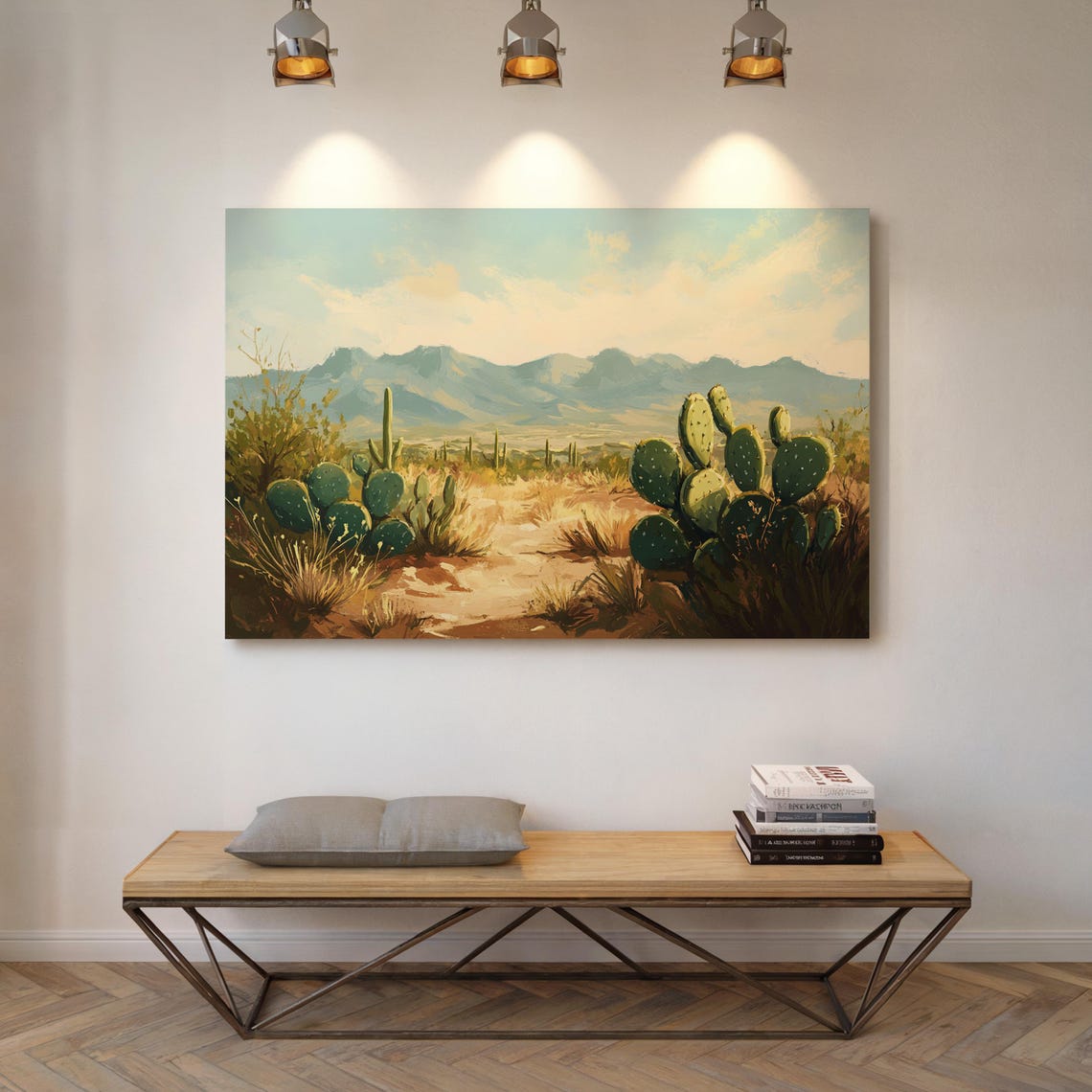 Serene Desert Morning with Prickly Pear Cactus Landscape Poster - Image 5