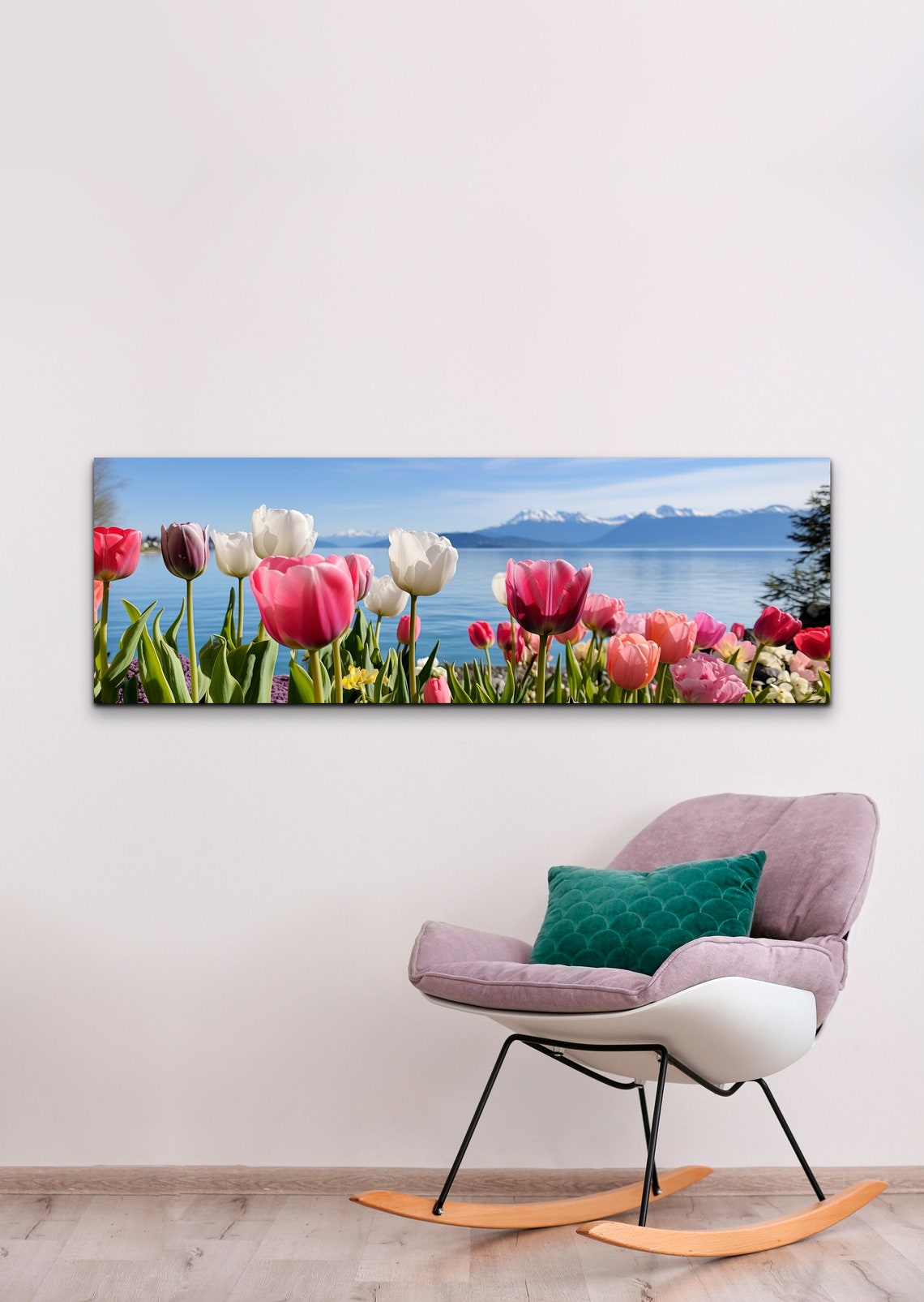 Colorful Tulips Blooming Beside a Lake with Snowy Mountains Poster - Image 3