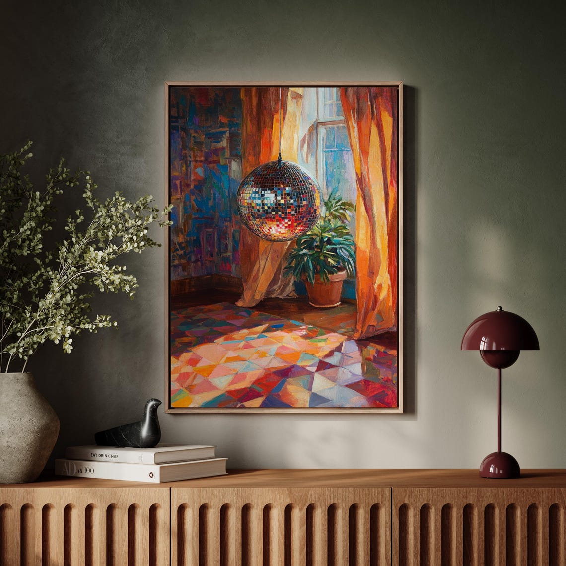 Disco Ball Hanging in a Sunlit Room With Colorful Mosaic Floor Poster - Image 7