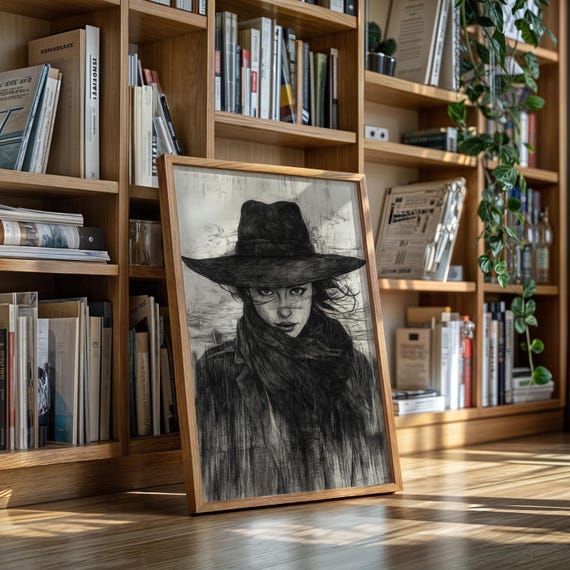 Western Cowgirl In Windy Desert Monochrome Noir Woman Portrait Canvas Dramatic Black White Wall Art Poster