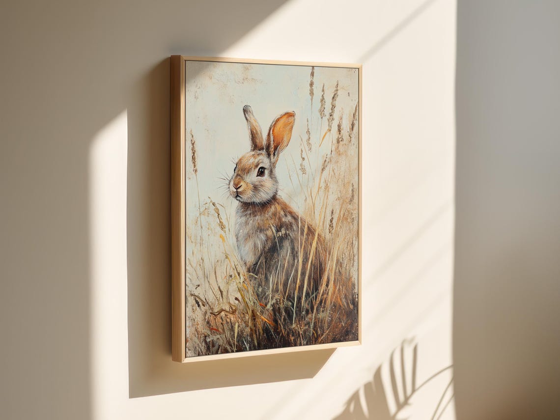 Brown Rabbit in Golden Wheat Grass Rustic Wildlife Portrait Wall Art - Image 6