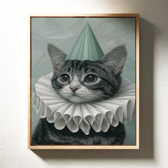 Tabby Kitten in a Ruff Collar and Party Hat Renaissance Portrait Poster