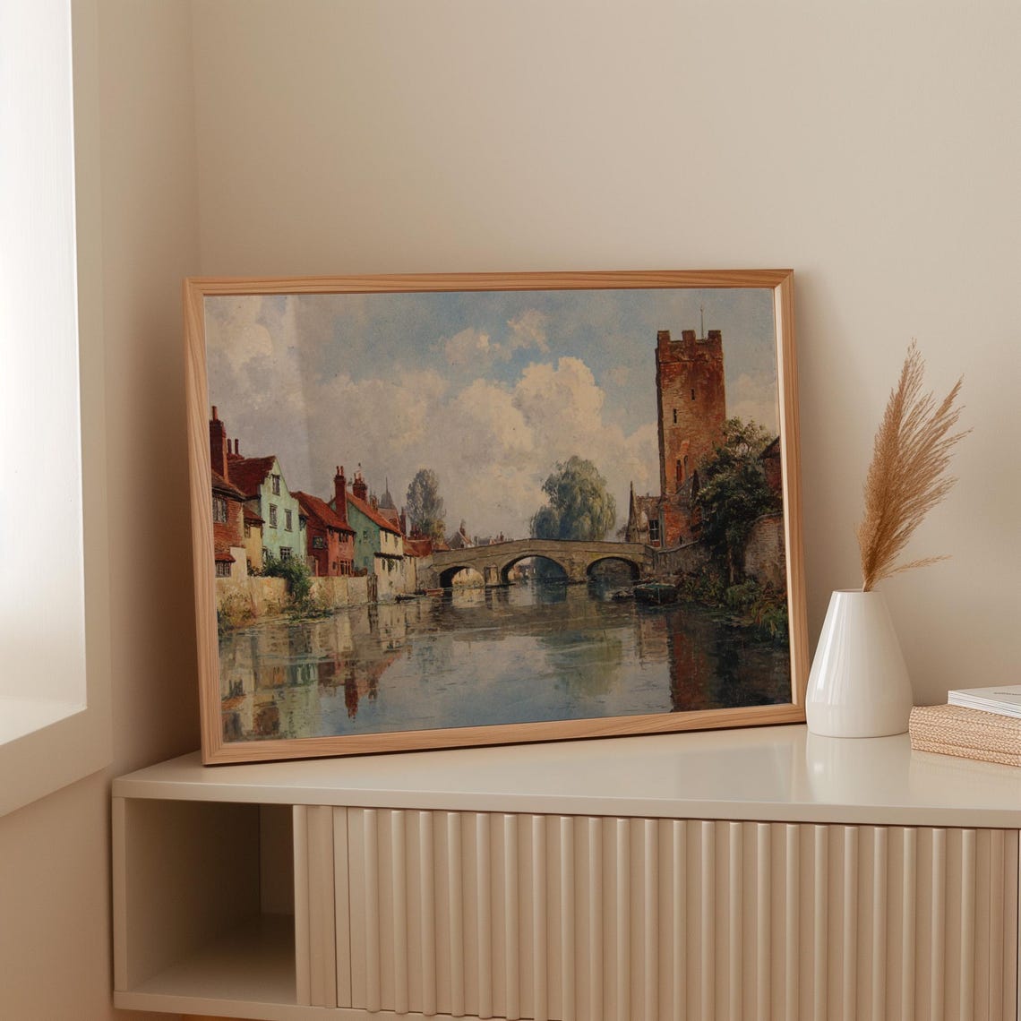 English Riverside Village Stone Bridge Vintage Landscape Art Poster