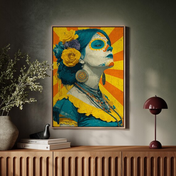 Golden Sunburst Catrina Sugar Skull Profile Portrait in Teal Poster