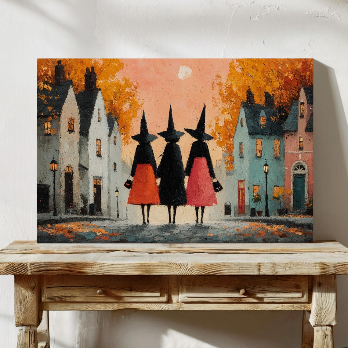 Three Witches Trick Or Treat Autumn Town Halloween Art Poster