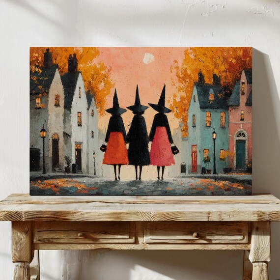 Three Witches Trick Or Treat Autumn Town Halloween Art Poster