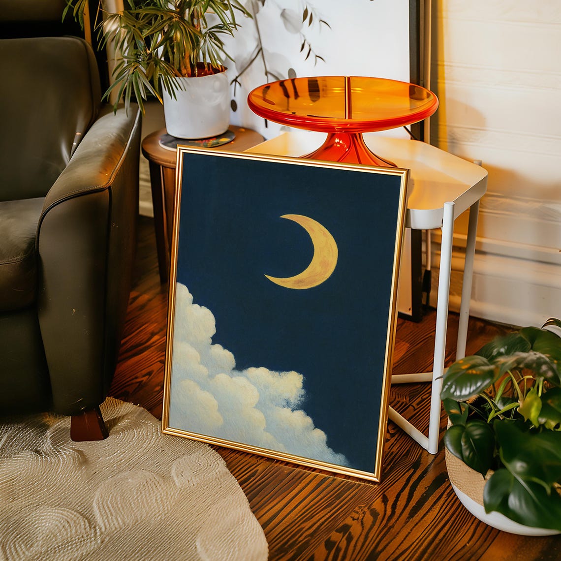 Golden Crescent Moon Dreamy Clouds Dark Navy Night Sky Poster