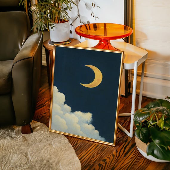 Golden Crescent Moon Canvas Wall Art Minimalist Night Sky Poster With Dreamy Clouds For Celestial Nursery Or Bedroom