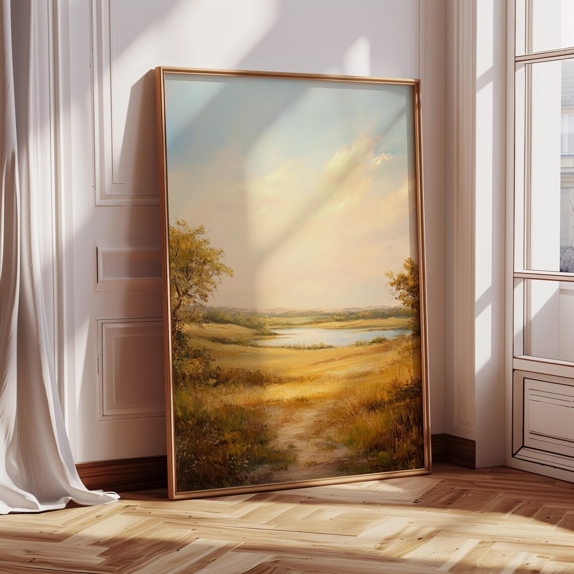 Golden Countryside Landscape, Rustic Farmhouse Art Print