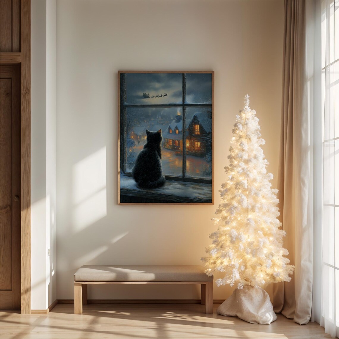 Black Cat Watching Santa Sleigh, Christmas Art Print
