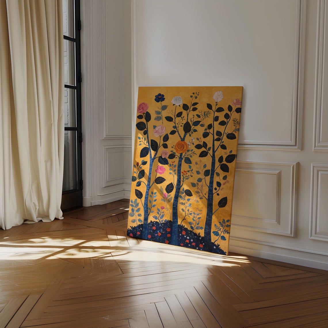 Stylized Rose Trees On Mustard Gold Folk Art Botanical Poster - Image 4