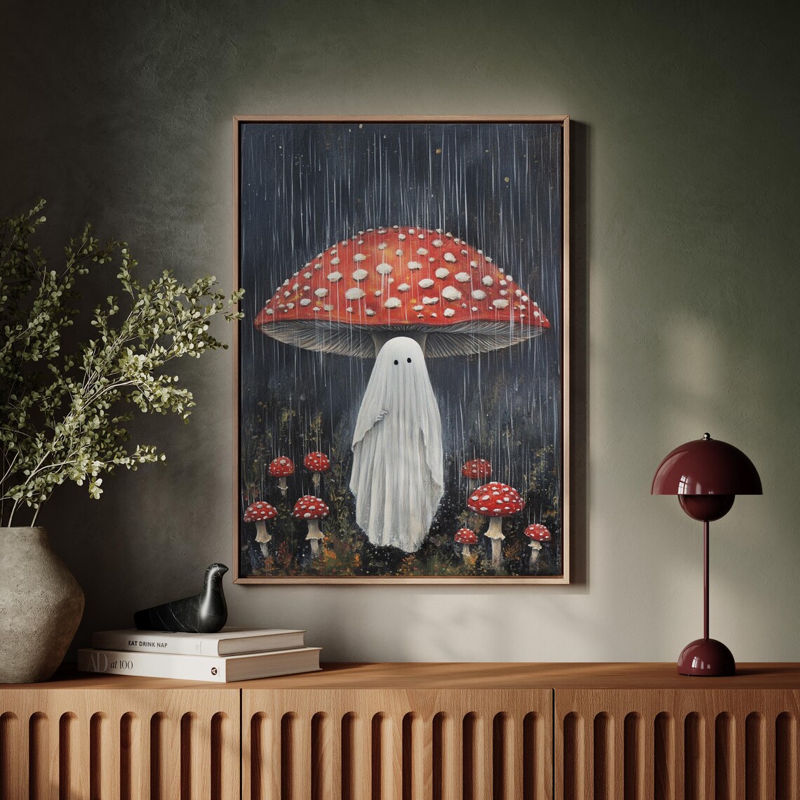 Whimsical Ghost Under Mushroom, Vintage Style Art Print