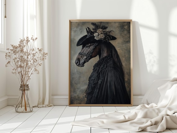 Elegant Horse In Black Lace Gown Rose Feather Hat Gothic Portrait Poster