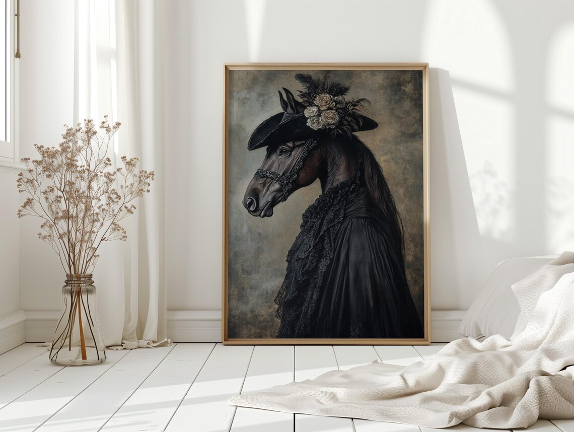 Elegant Horse In Black Lace Gown Rose Feather Hat Gothic Portrait Poster