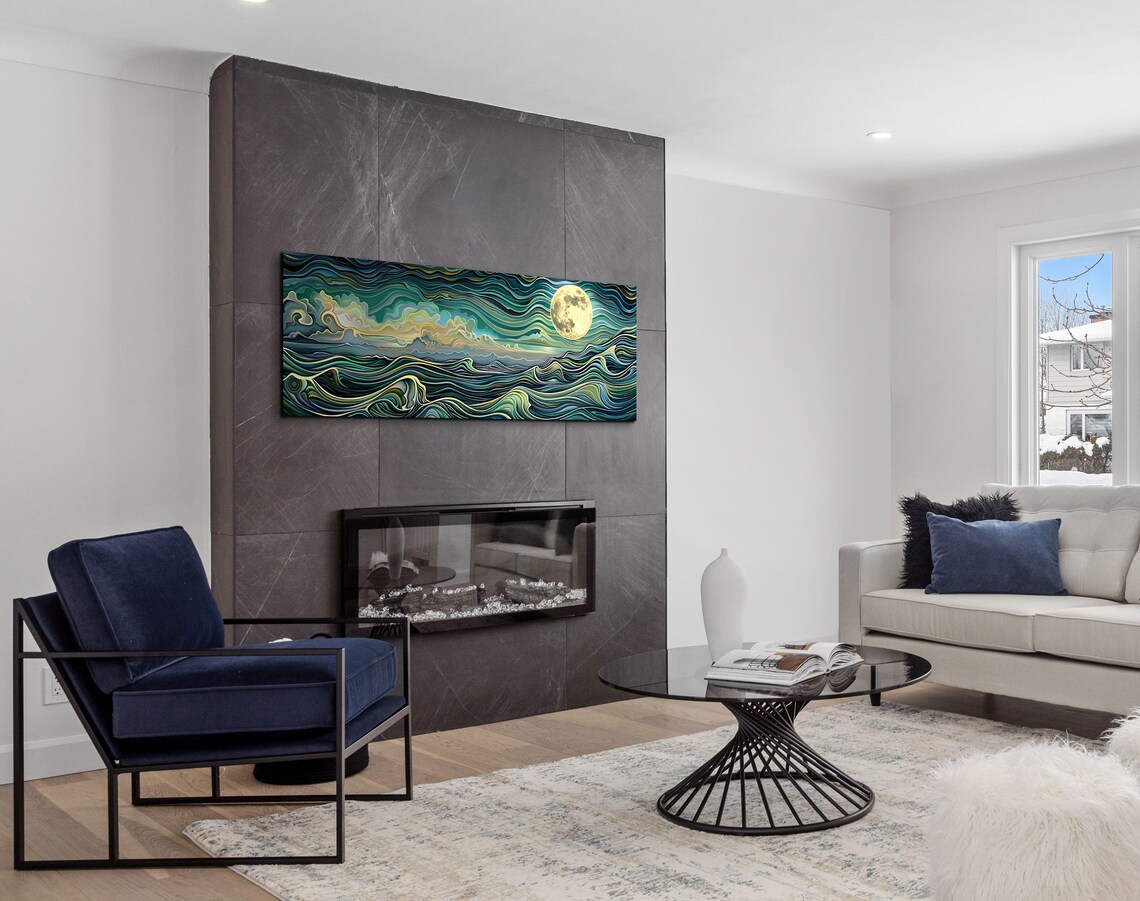 Abstract Ocean Waves Under A Full Moon Art Print - Image 4