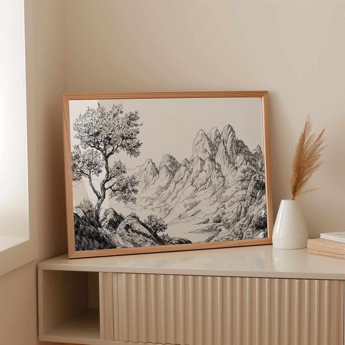 Black And White Mountain Ink Drawing With Pine Tree Art Poster