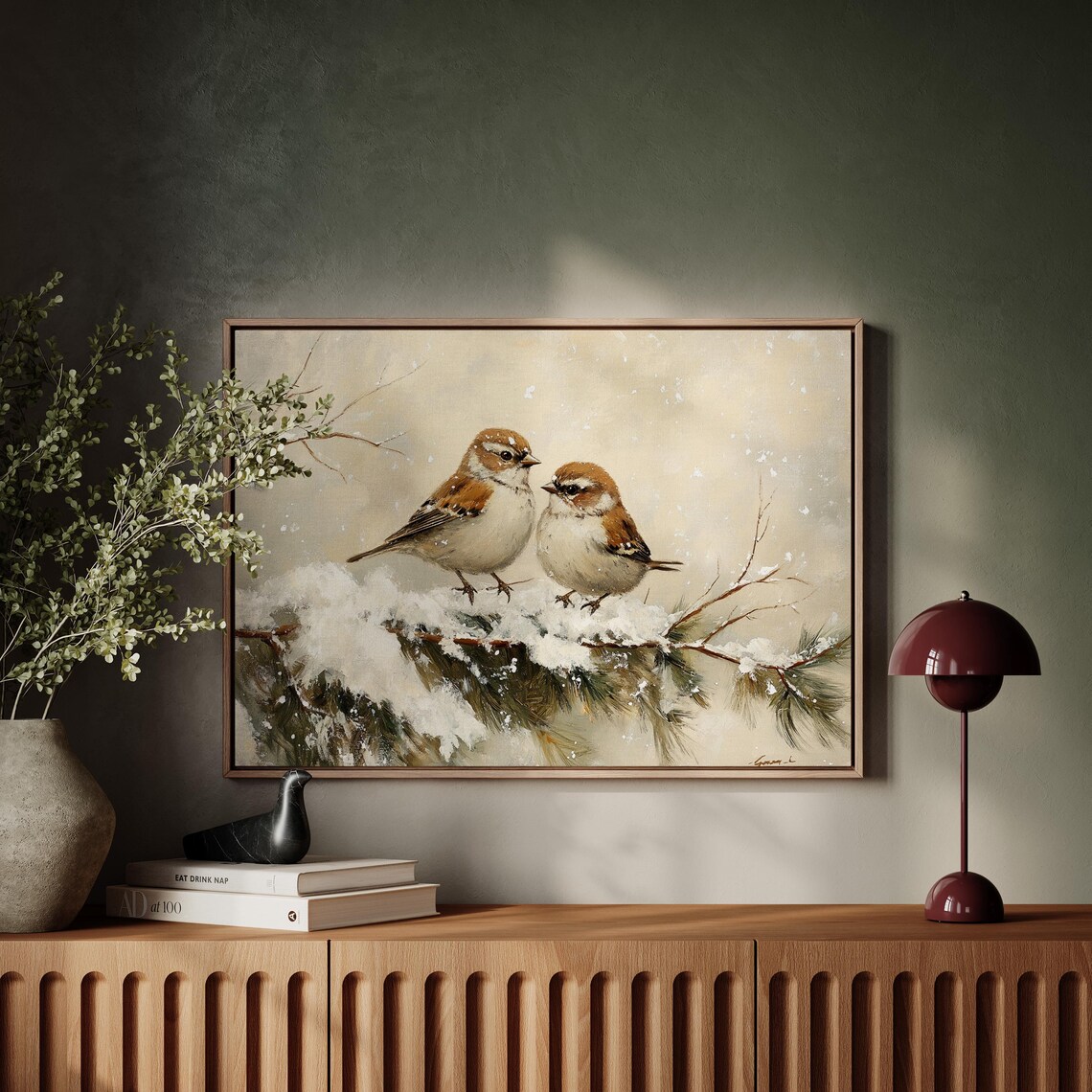 Winter Birds Art Print, Two Sparrows on Pine Branch