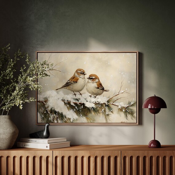 Winter Birds Art Print, Two Sparrows on Pine Branch