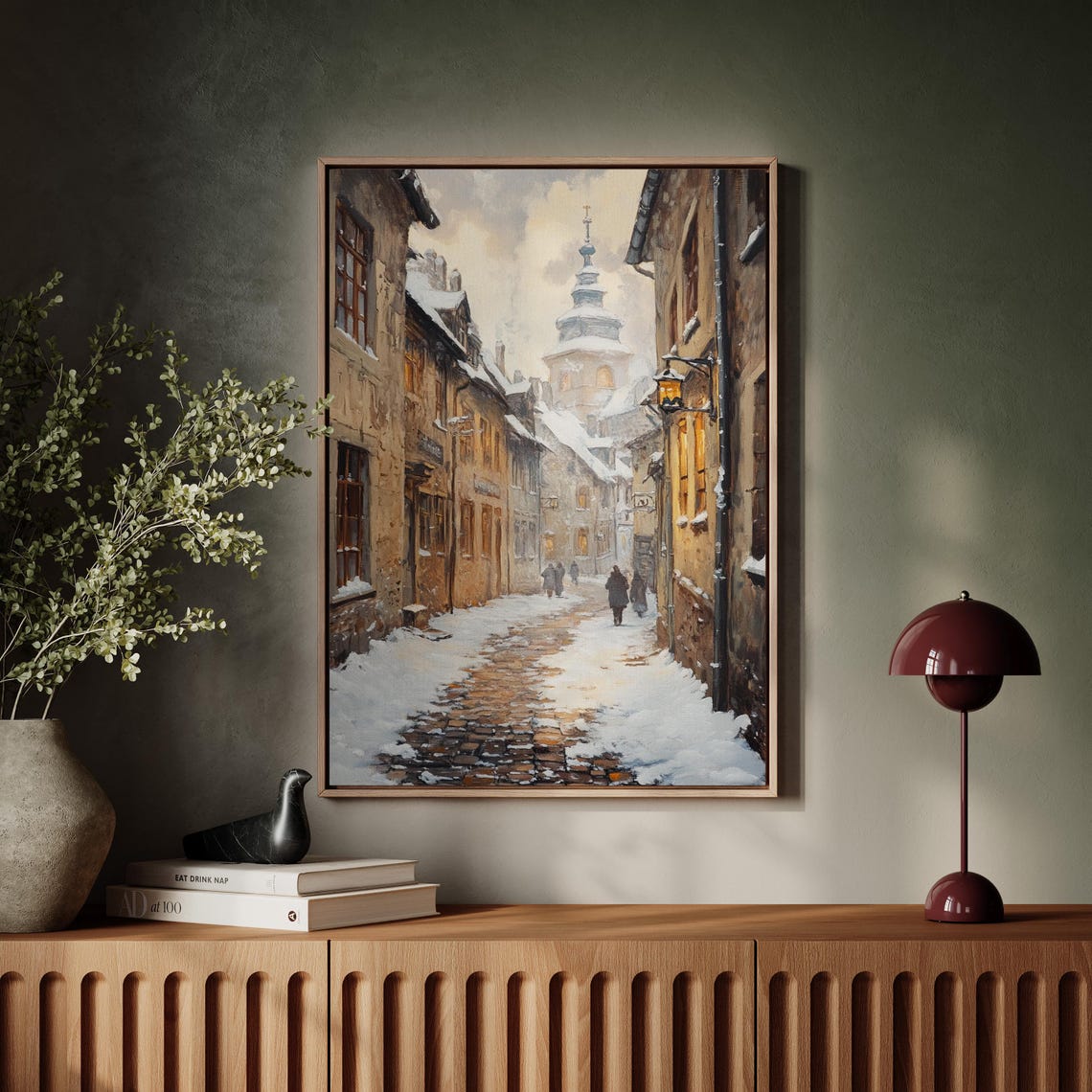 Snow Covered European Street with Church Tower Winter Poster - Image 5