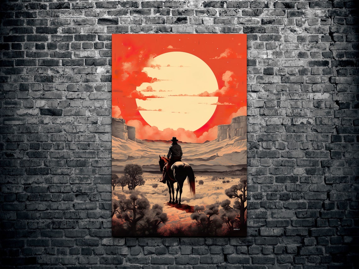 Cowboy Riding Into The Sunset Desert Giant Red Sun Scene Poster - Image 2