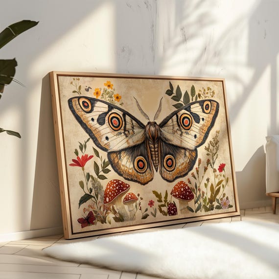 Rustic Moth Wall Art Whimsical Nature Inspired Artwork With Vibrant Mushrooms Flowers And Detailed Butterfly Wings