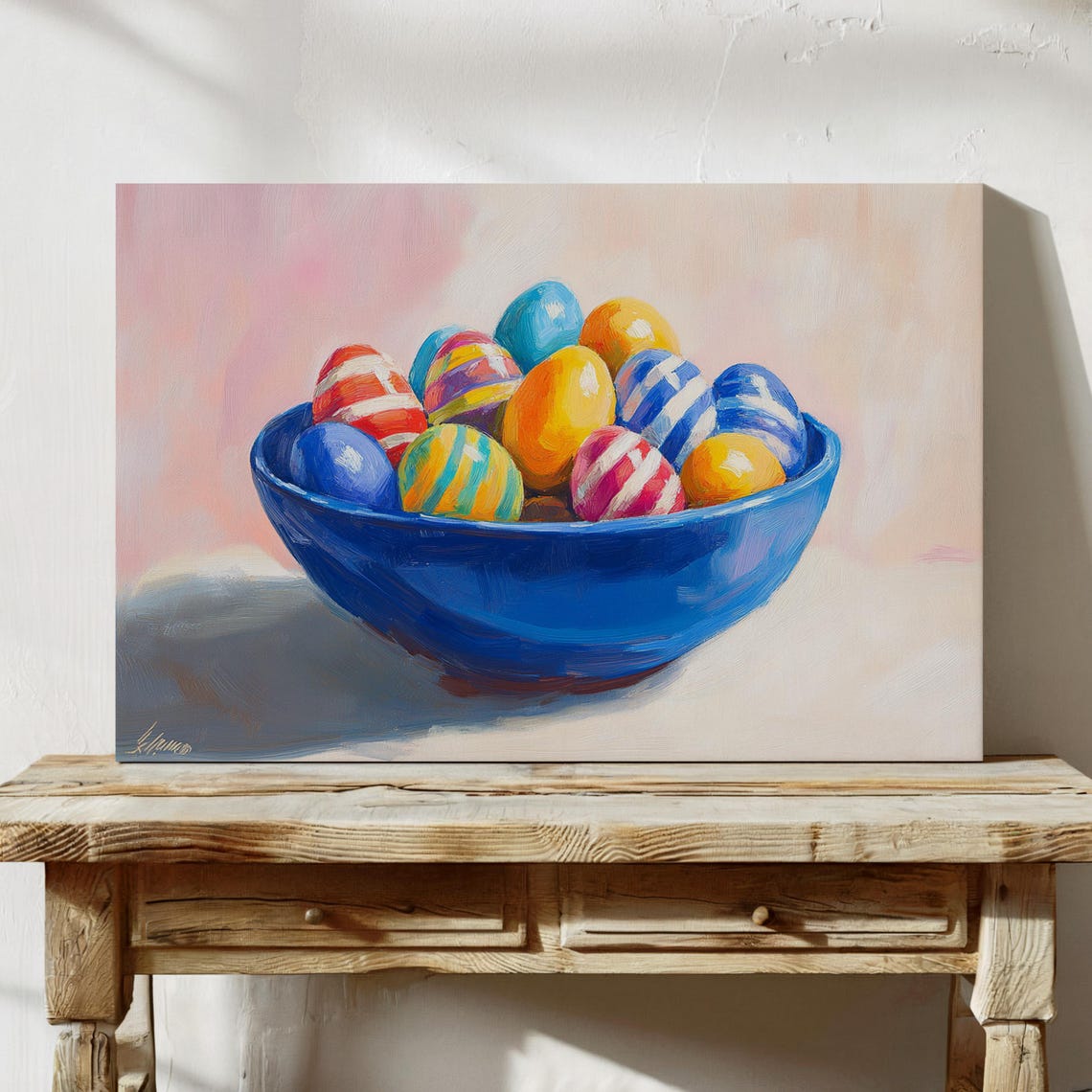 Colorful Easter Eggs in Blue Bowl Cheerful Spring Still Life Wall Art - Image 3
