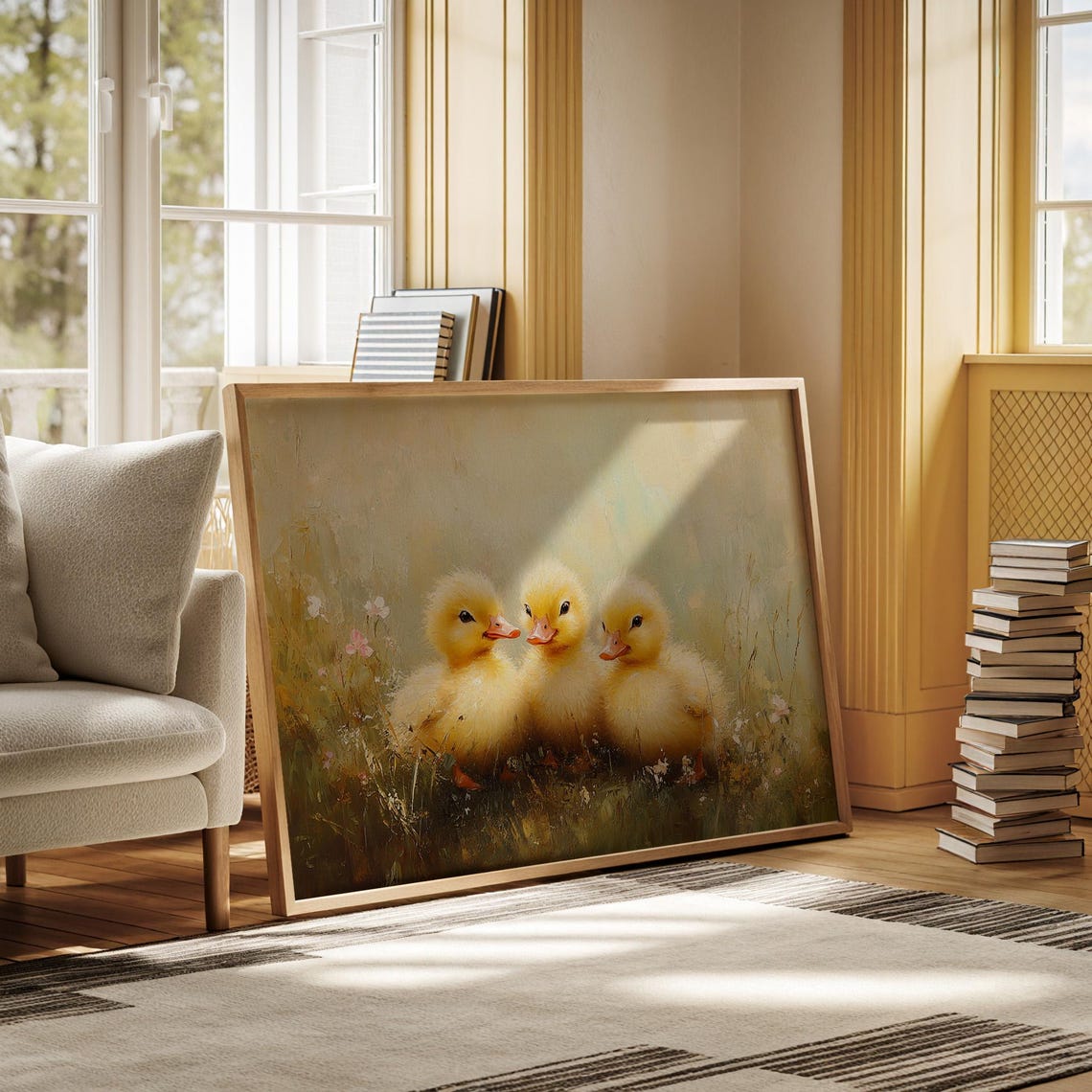 Three Fluffy Yellow Ducklings In Blooming Meadow Oil Painting Poster - Image 4
