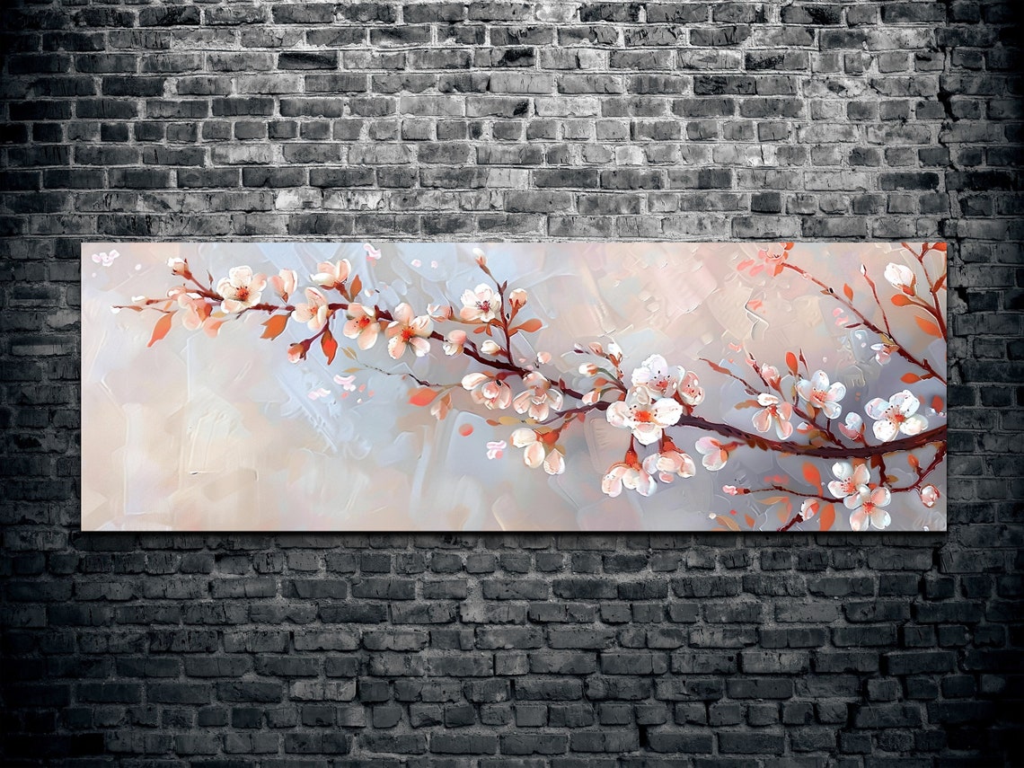 White Cherry Blossom Branch Beige Oil Painting Panoramic Art Poster - Image 2