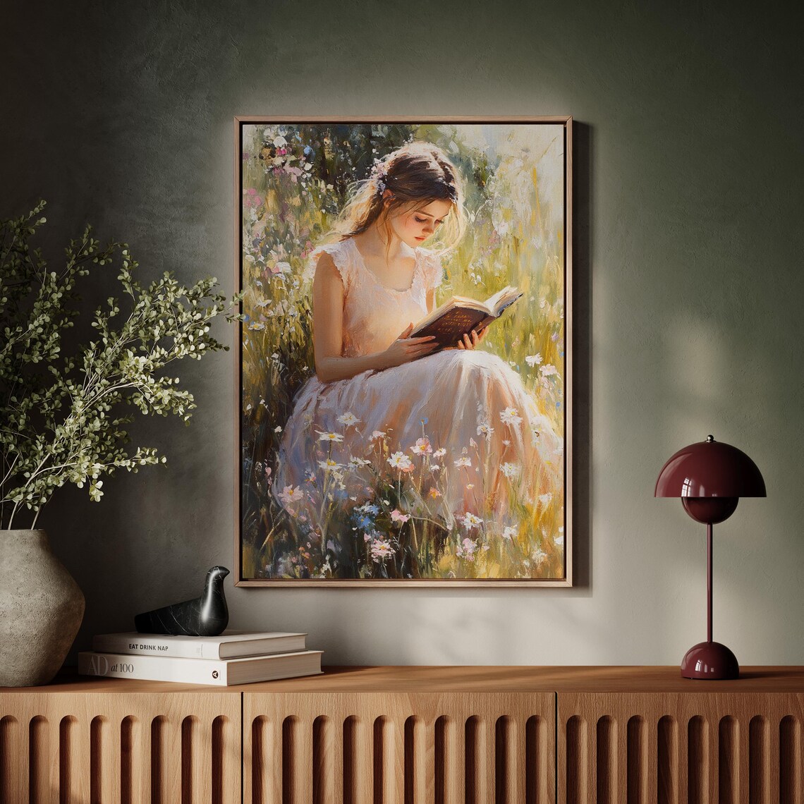 Girl Reading in Wildflower Field Pink Dress Romantic Book Art Print - Image 6
