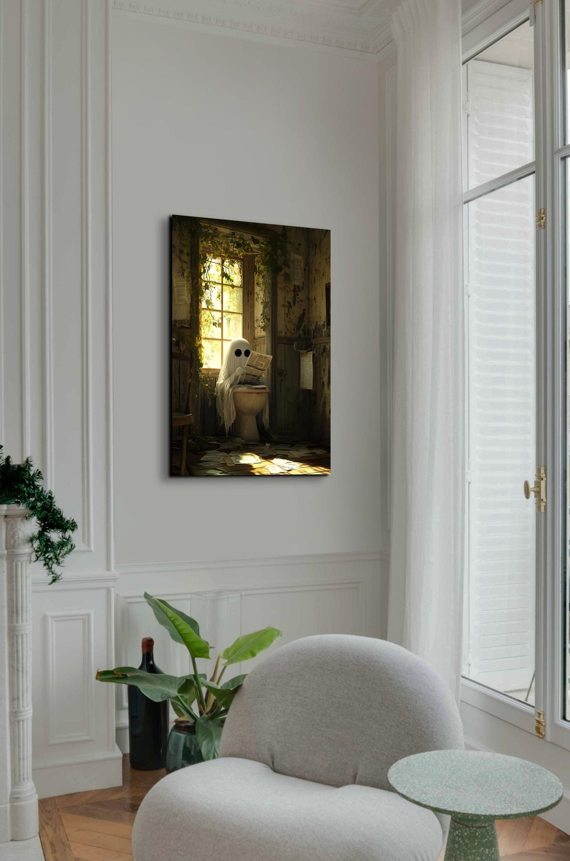 Funny Ghost Reading Newspaper on Toilet in Rustic Bathroom Poster - Image 6