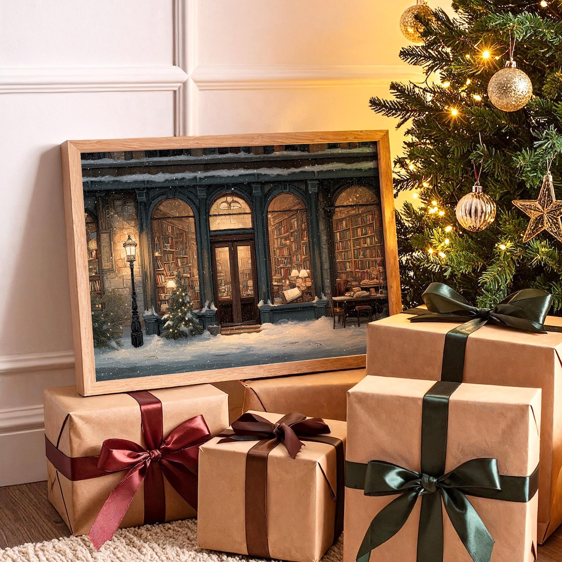 Cozy Winter Bookstore Poster Print, Holiday Library