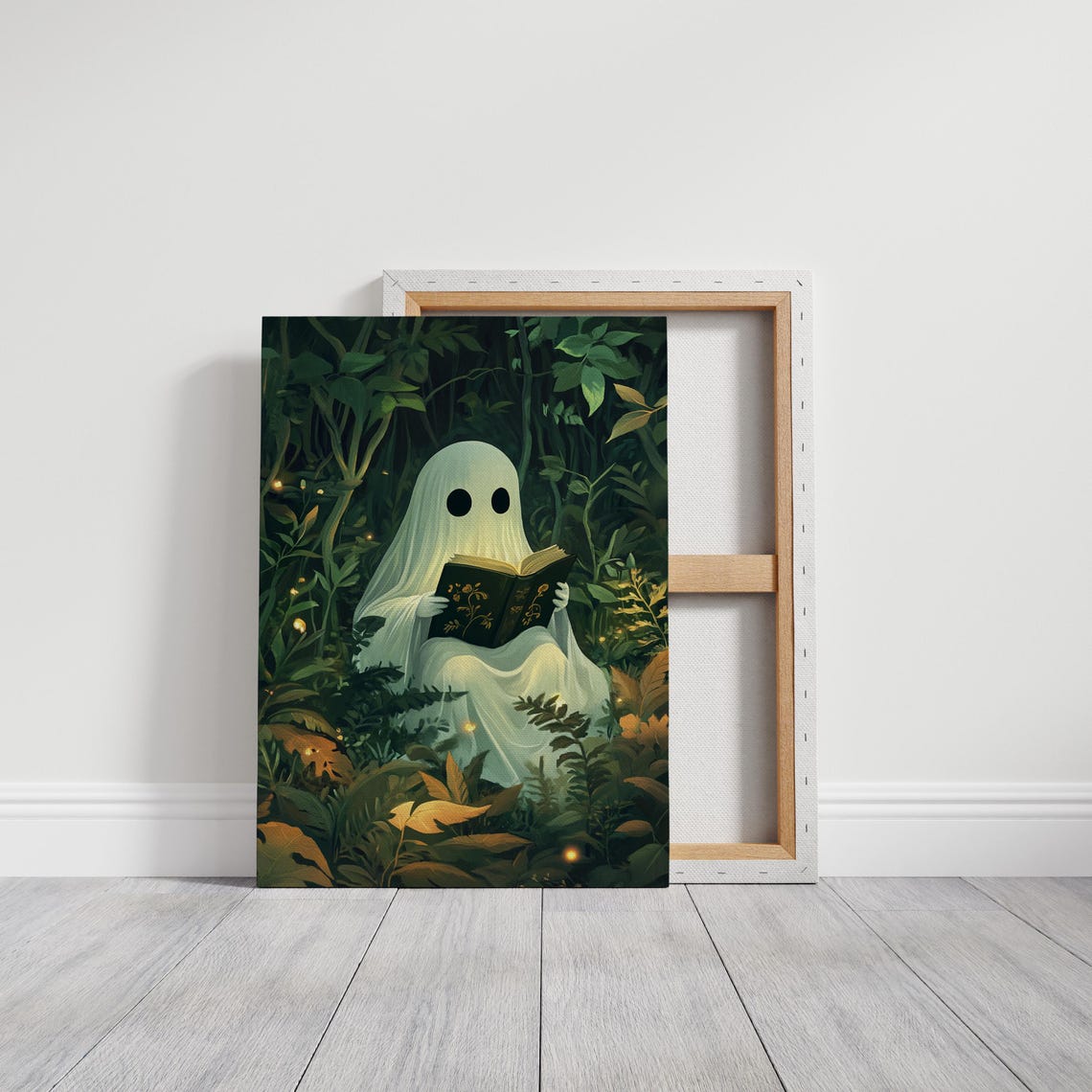 Cute Ghost Reading Book In Lush Forest With Fireflies Wall Art - Image 3