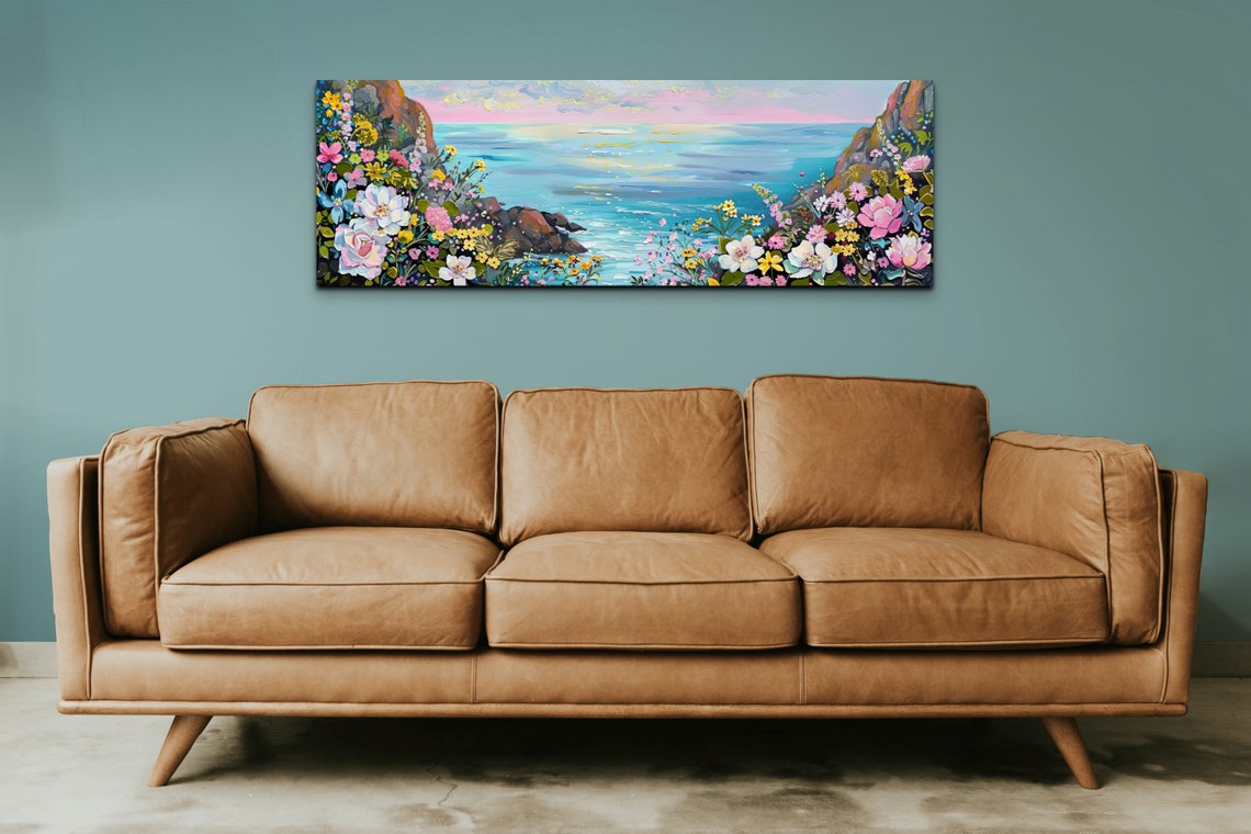 Ocean Cove Between Cliffs Framed by Spring Blossoms Panoramic Poster - Image 6