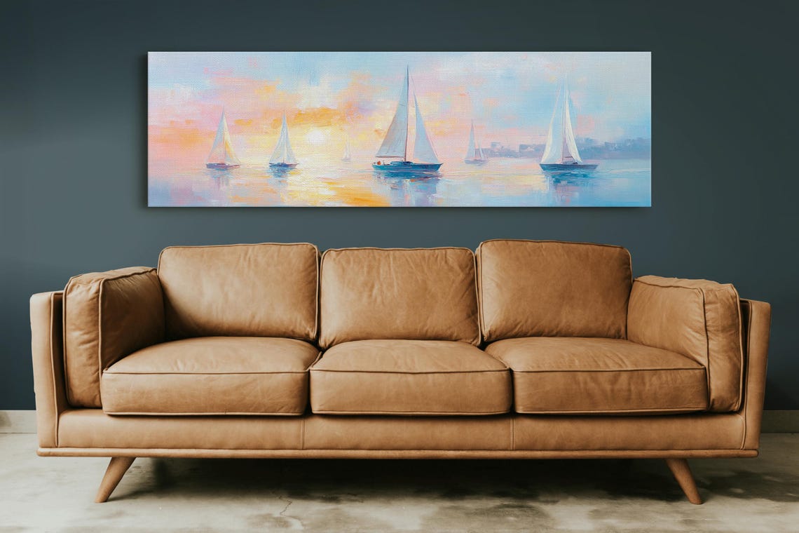 White Sailboats Pastel Sunset Sea Panoramic Sailing Coastal Poster - Image 3