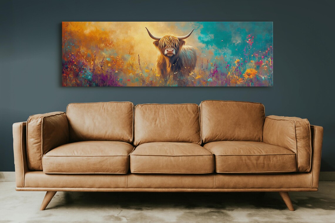 Highland Cow Colorful Wildflower Meadow Vibrant Nature Wall Art - Image 5