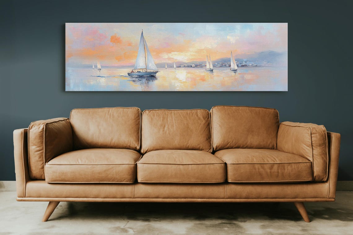 Sailboats At Sunset Calm Sea Panoramic Coastal Wall Travel Poster - Image 2