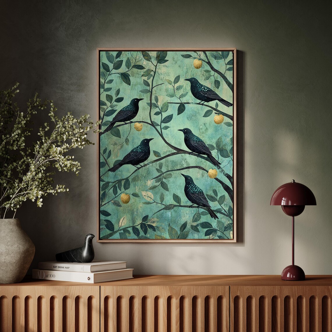 Elegant Blackbirds on Golden Fruit Branches
