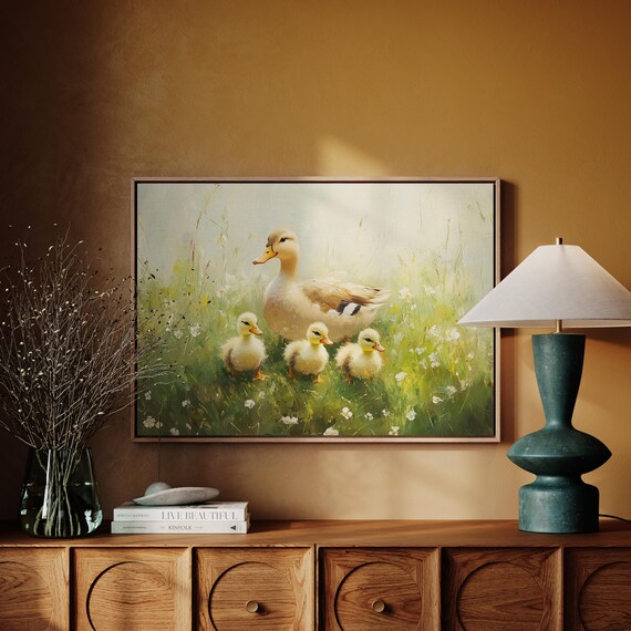 Mother Duck With Three Ducklings Daisy Meadow Rustic Wall Art