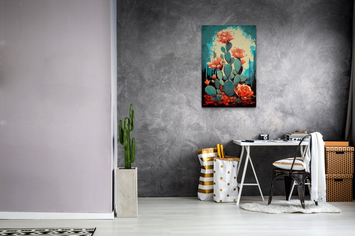Blooming Cactus Red Flowers Teal Pop Art Desert Botanical Poster - Image 3